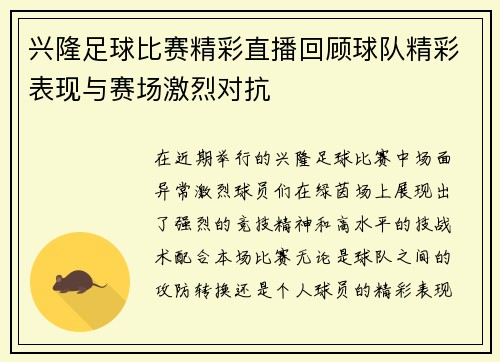 兴隆足球比赛精彩直播回顾球队精彩表现与赛场激烈对抗
